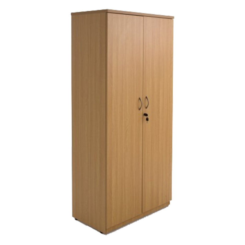 Armoire en bois avec portes battantes, offrant un rangement spacieux et élégant pour bureaux ou maisons.