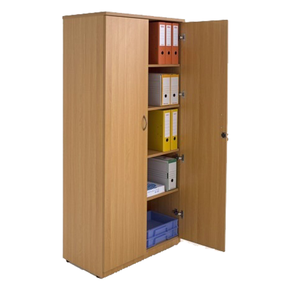 Armoire en bois avec portes battantes, offrant un rangement spacieux et élégant pour bureaux ou maisons.